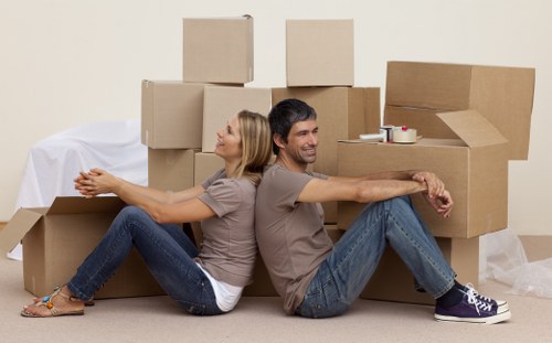 Temple moving truck loading scene with boxes and furniture